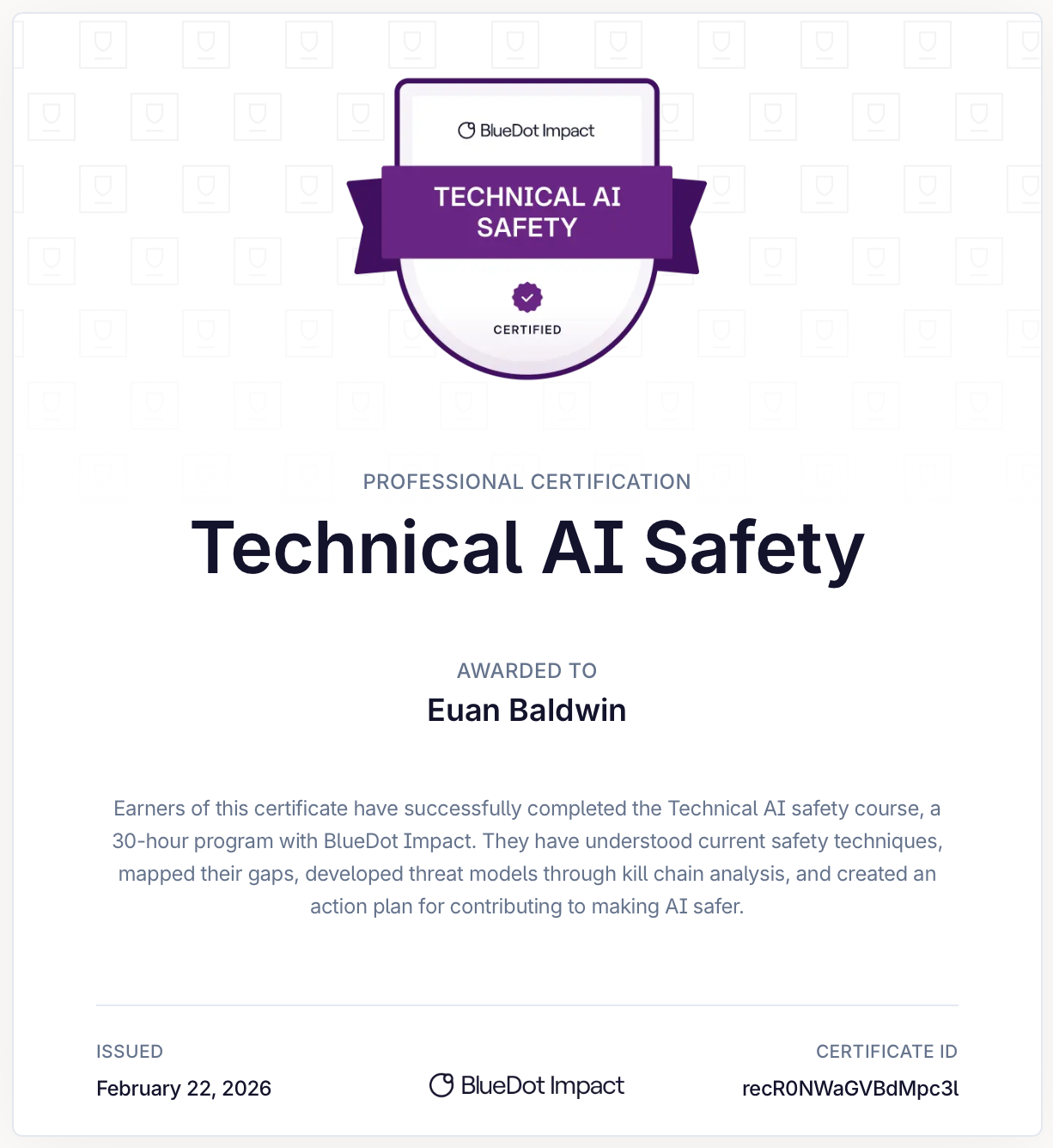BlueDot Technical AI Safety certificate for Euan Baldwin